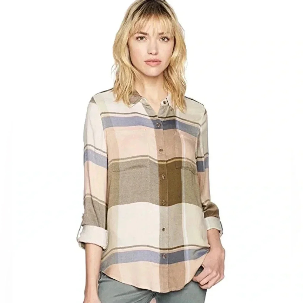 Lucky Brands Women's Yarn-Dyed Pastel Plaid Long Sleeve Button Down Shirt Size M